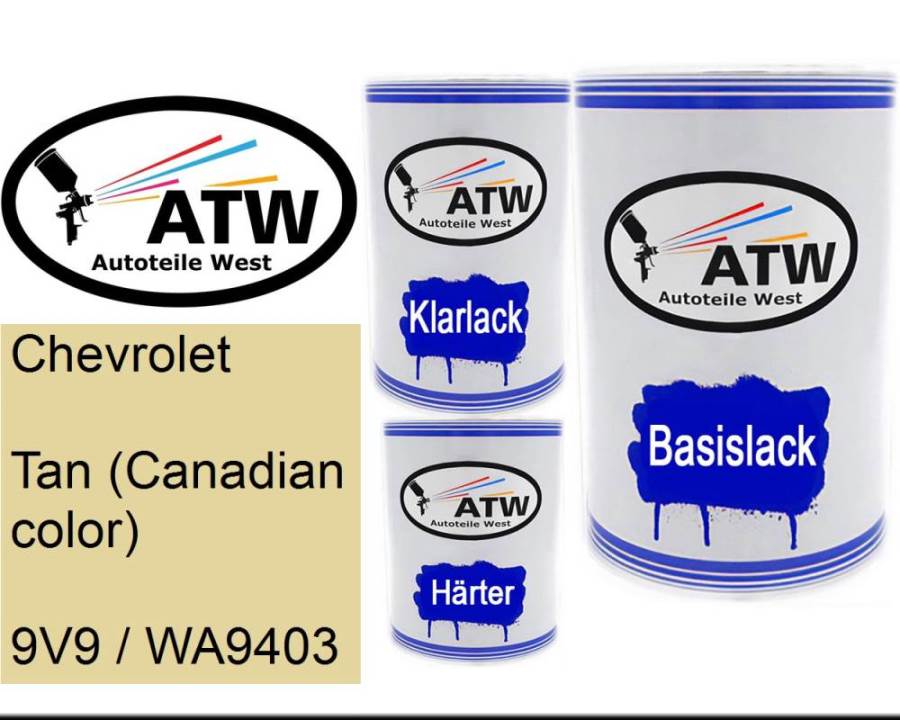 Chevrolet, Tan (Canadian color), 9V9 / WA9403: 500ml Lackdose + 500ml Klarlack + 250ml Härter - Set, von ATW Autoteile West.